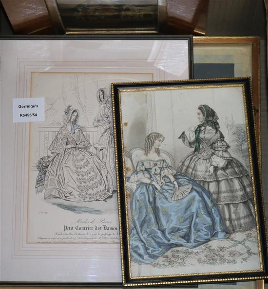 Six 19th century French coloured fashion engravings, a Japanese woodblock print and one other coloured print of figures with goats